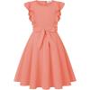 imageQuedoris Girls Ruffle Trim Dress Print and Solid Color Aline Swing Flared Belted Casual Party Dress with ZipperOrange