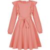 imageQuedoris Girls Ruffle Trim Dress Print and Solid Color Aline Swing Flared Belted Casual Party Dress with ZipperOrange Fall