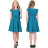 imageQuedoris Girls Ruffle Trim Dress Print and Solid Color Aline Swing Flared Belted Casual Party Dress with ZipperPeacock Blue