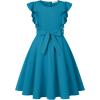 imageQuedoris Girls Ruffle Trim Dress Print and Solid Color Aline Swing Flared Belted Casual Party Dress with ZipperPeacock Blue