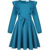 imageQuedoris Girls Ruffle Trim Dress Print and Solid Color Aline Swing Flared Belted Casual Party Dress with ZipperPeacock Blue Fall