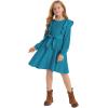 imageQuedoris Girls Ruffle Trim Dress Print and Solid Color Aline Swing Flared Belted Casual Party Dress with ZipperPeacock Blue Fall