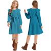 imageQuedoris Girls Ruffle Trim Dress Print and Solid Color Aline Swing Flared Belted Casual Party Dress with ZipperPeacock Blue Fall