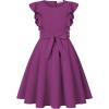imageQuedoris Girls Ruffle Trim Dress Print and Solid Color Aline Swing Flared Belted Casual Party Dress with ZipperPurple