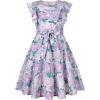 imageQuedoris Girls Ruffle Trim Dress Print and Solid Color Aline Swing Flared Belted Casual Party Dress with ZipperPurple Floral