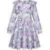 imageQuedoris Girls Ruffle Trim Dress Print and Solid Color Aline Swing Flared Belted Casual Party Dress with ZipperPurple Floral Fall