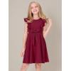 imageQuedoris Girls Ruffle Trim Dress Print and Solid Color Aline Swing Flared Belted Casual Party Dress with ZipperWine