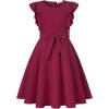imageQuedoris Girls Ruffle Trim Dress Print and Solid Color Aline Swing Flared Belted Casual Party Dress with ZipperWine