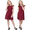 imageQuedoris Girls Ruffle Trim Dress Print and Solid Color Aline Swing Flared Belted Casual Party Dress with ZipperWine