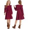 imageQuedoris Girls Ruffle Trim Dress Print and Solid Color Aline Swing Flared Belted Casual Party Dress with ZipperWine Fall