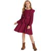imageQuedoris Girls Ruffle Trim Dress Print and Solid Color Aline Swing Flared Belted Casual Party Dress with ZipperWine Fall
