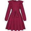 imageQuedoris Girls Ruffle Trim Dress Print and Solid Color Aline Swing Flared Belted Casual Party Dress with ZipperWine Fall