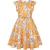 imageQuedoris Girls Ruffle Trim Dress Print and Solid Color Aline Swing Flared Belted Casual Party Dress with ZipperYellow Floral