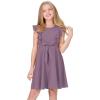 imageQuedoris Girls Ruffle Trim Dress Print and Solid Color Aline Swing Flared Belted Casual Party Dress with ZipperGrey Purple