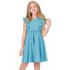 imageQuedoris Girls Ruffle Trim Dress Print and Solid Color Aline Swing Flared Belted Casual Party Dress with ZipperLake Blue