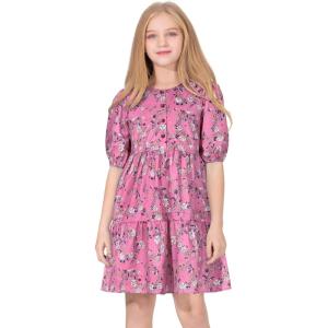 imageQuedoris Girls Casual Dress Printed and Solid Color Lantern Sleeve Loose Flowy Swing Shift Dress with ButtonPink Floral