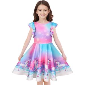 imageQuedoris Girls Dress Unicorn Printed Casual Party Twirly Dress for Kids in 2t to 10 YearsBubble Unicorn Cap