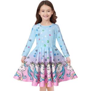 imageQuedoris Girls Dress Unicorn Printed Casual Party Twirly Dress for Kids in 2t to 10 YearsDiamond Unicorn