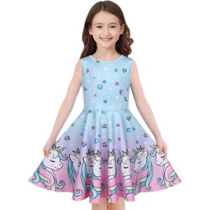 imageQuedoris Girls Dress Unicorn Printed Casual Party Twirly Dress for Kids in 2t to 10 YearsDiamond Unicorn Sleeveless