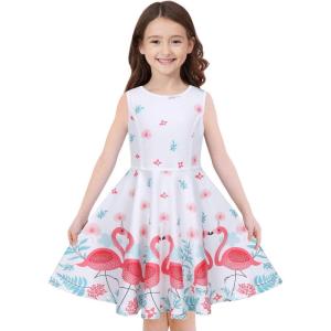 imageQuedoris Girls Dress Unicorn Printed Casual Party Twirly Dress for Kids in 2t to 10 YearsFlamingo Sleeveless