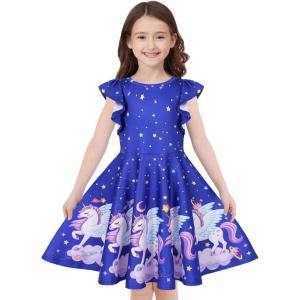 imageQuedoris Girls Dress Unicorn Printed Casual Party Twirly Dress for Kids in 2t to 10 YearsGalaxy Unicorn Cap