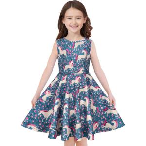 imageQuedoris Girls Dress Unicorn Printed Casual Party Twirly Dress for Kids in 2t to 10 YearsGreen Unicorn Sleeveless