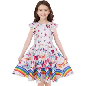imageQuedoris Girls Dress Unicorn Printed Casual Party Twirly Dress for Kids in 2t to 10 YearsRainbow Butterfly Cap