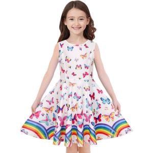 imageQuedoris Girls Dress Unicorn Printed Casual Party Twirly Dress for Kids in 2t to 10 YearsRainbow Butterfly Sleeveless