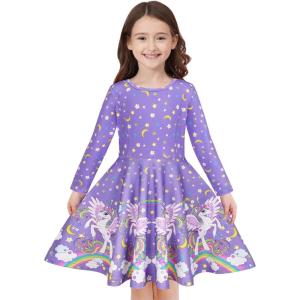 imageQuedoris Girls Dress Unicorn Printed Casual Party Twirly Dress for Kids in 2t to 10 YearsSky Unicorn