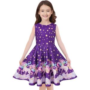 imageQuedoris Girls Dress Unicorn Printed Casual Party Twirly Dress for Kids in 2t to 10 YearsStars Unicorn Sleeveless