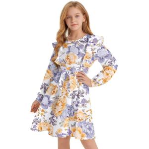 imageQuedoris Girls Ruffle Trim Dress Print and Solid Color Aline Swing Flared Belted Casual Party Dress with ZipperApricot Floral Fall