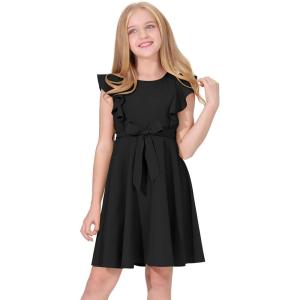 imageQuedoris Girls Ruffle Trim Dress Print and Solid Color Aline Swing Flared Belted Casual Party Dress with ZipperBlack