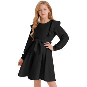 imageQuedoris Girls Ruffle Trim Dress Print and Solid Color Aline Swing Flared Belted Casual Party Dress with ZipperBlack Fall