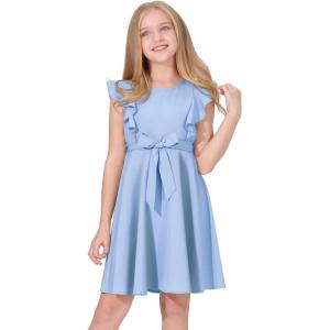 imageQuedoris Girls Ruffle Trim Dress Print and Solid Color Aline Swing Flared Belted Casual Party Dress with ZipperBlue