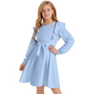 imageQuedoris Girls Ruffle Trim Dress Print and Solid Color Aline Swing Flared Belted Casual Party Dress with ZipperBlue Fall