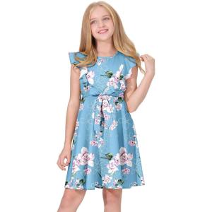 imageQuedoris Girls Ruffle Trim Dress Print and Solid Color Aline Swing Flared Belted Casual Party Dress with ZipperBlue Floral
