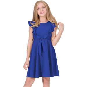 imageQuedoris Girls Ruffle Trim Dress Print and Solid Color Aline Swing Flared Belted Casual Party Dress with ZipperBright Blue