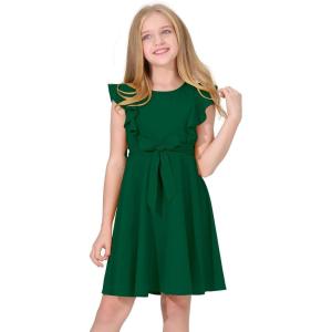 imageQuedoris Girls Ruffle Trim Dress Print and Solid Color Aline Swing Flared Belted Casual Party Dress with ZipperDark Green