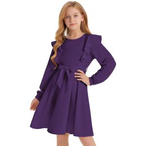 imageQuedoris Girls Ruffle Trim Dress Print and Solid Color Aline Swing Flared Belted Casual Party Dress with ZipperDark Purple Fall