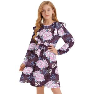 imageQuedoris Girls Ruffle Trim Dress Print and Solid Color Aline Swing Flared Belted Casual Party Dress with ZipperDeep Claret Floral Fall