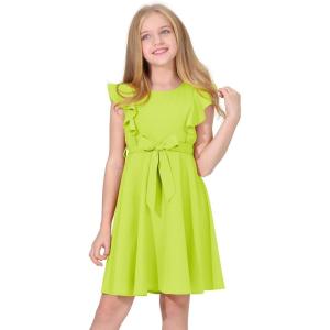 imageQuedoris Girls Ruffle Trim Dress Print and Solid Color Aline Swing Flared Belted Casual Party Dress with ZipperFluorescent Green