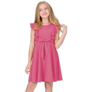 imageQuedoris Girls Ruffle Trim Dress Print and Solid Color Aline Swing Flared Belted Casual Party Dress with ZipperFuchsia