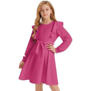 imageQuedoris Girls Ruffle Trim Dress Print and Solid Color Aline Swing Flared Belted Casual Party Dress with ZipperFuchsia Fall