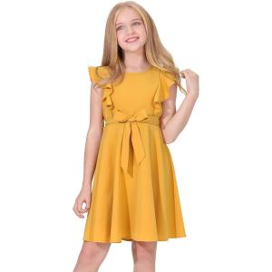 imageQuedoris Girls Ruffle Trim Dress Print and Solid Color Aline Swing Flared Belted Casual Party Dress with ZipperGinger