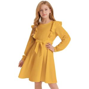 imageQuedoris Girls Ruffle Trim Dress Print and Solid Color Aline Swing Flared Belted Casual Party Dress with ZipperGinger Fall