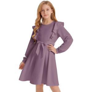 imageQuedoris Girls Ruffle Trim Dress Print and Solid Color Aline Swing Flared Belted Casual Party Dress with ZipperGrey Purple Fall