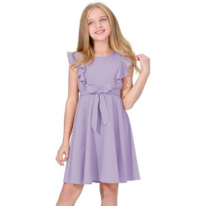 imageQuedoris Girls Ruffle Trim Dress Print and Solid Color Aline Swing Flared Belted Casual Party Dress with ZipperLavender