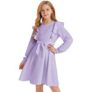 imageQuedoris Girls Ruffle Trim Dress Print and Solid Color Aline Swing Flared Belted Casual Party Dress with ZipperLavender Fall