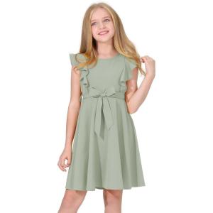 imageQuedoris Girls Ruffle Trim Dress Print and Solid Color Aline Swing Flared Belted Casual Party Dress with ZipperMint