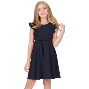 imageQuedoris Girls Ruffle Trim Dress Print and Solid Color Aline Swing Flared Belted Casual Party Dress with ZipperNavy